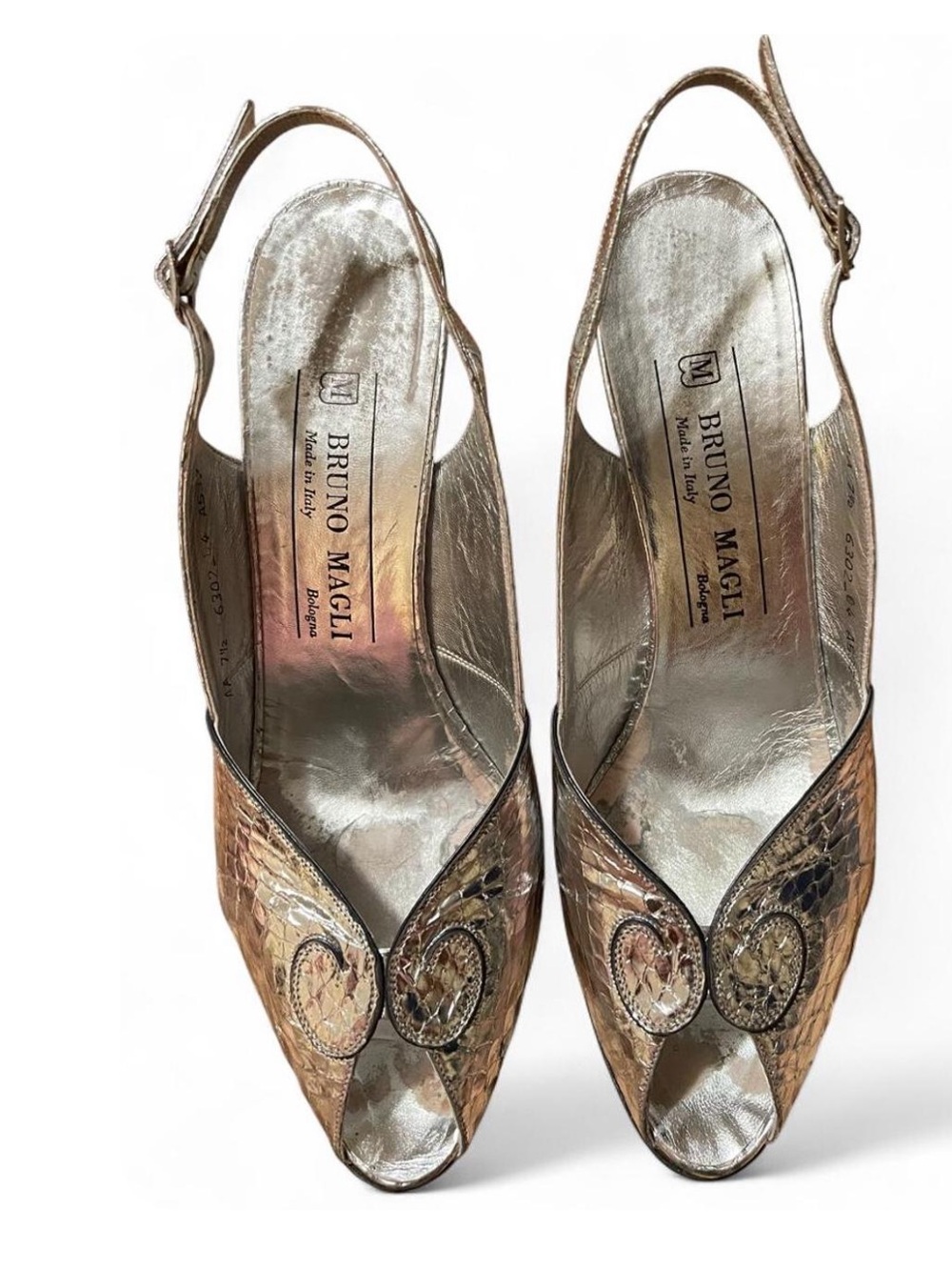 VTG Bruno Magli Silver Metallic Snakeskin Leather Peep Toe Heels Made In Italy